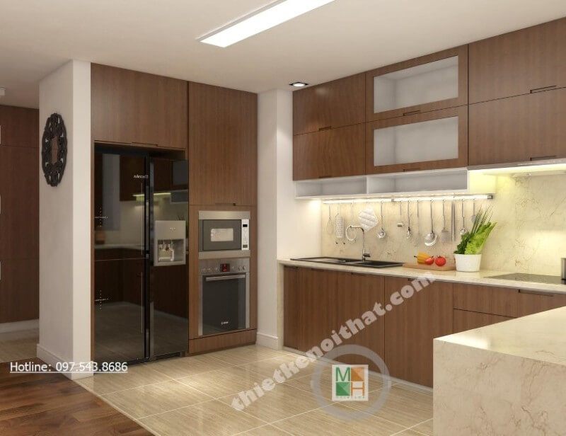 Tủ bếp chữ L kết hợp tủ bát và kệ gia vị đem đến một phòng bếp đầy đủ công năng