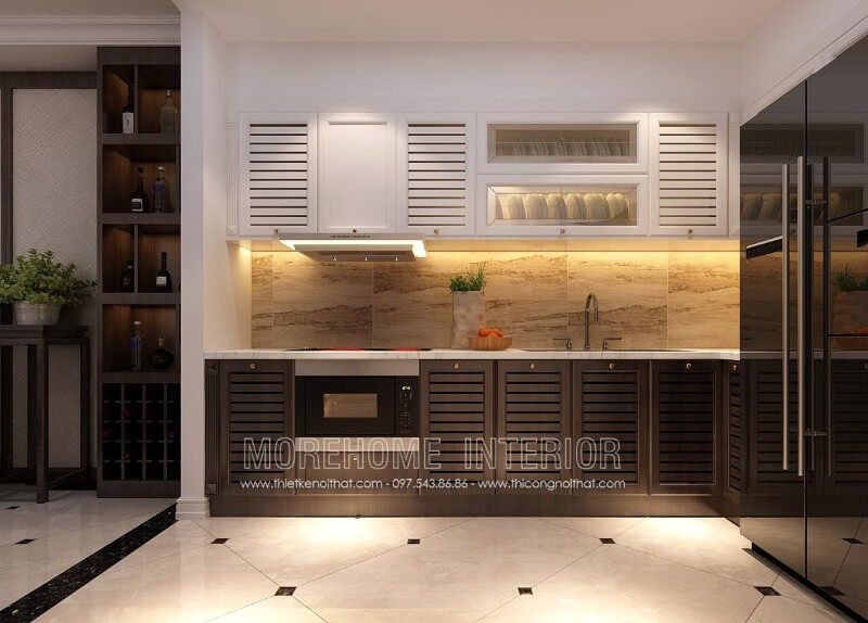 Mẫu tủ bếp gỗ tự nhiên phun sơn cao cấp mang lại vẻ đẹp sang trọng và ấm áp.