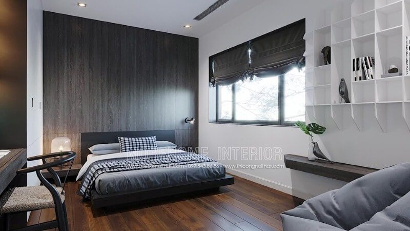Khối gỗ ốp tường độc đáo với đường vân đẹp mắt cùng gỗ tối màu tạo nên vẻ đẹp cuốn hút trong không gian phòng ngủ hiện đại.