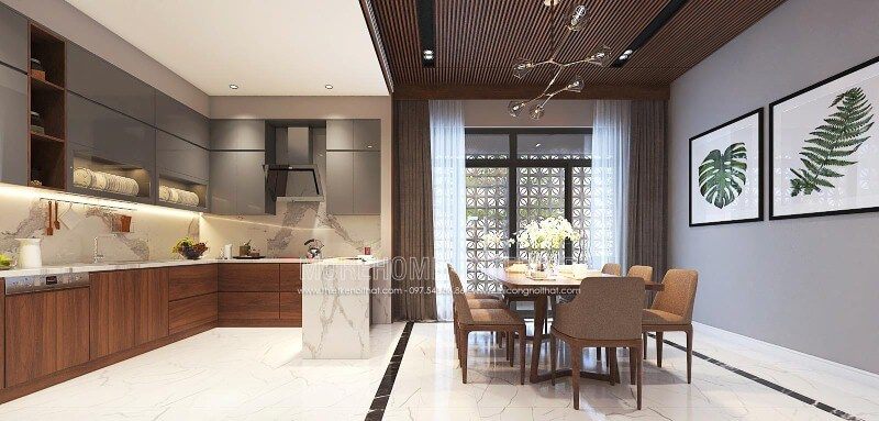 Bố trí nội thất phòng bếp liền phòng ăn đẹp, hiện đại, sang trọng cho biệt thự, nhà phố tại Vinh, Nghệ An.
