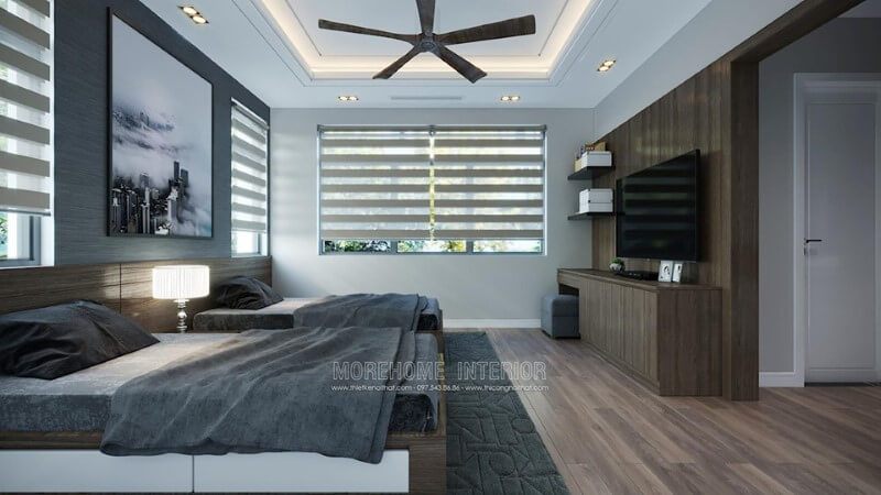 Bức tường không bị trống trải khi được thiết kế kệ sách treo tạo điểm nhấn cho căn phòng