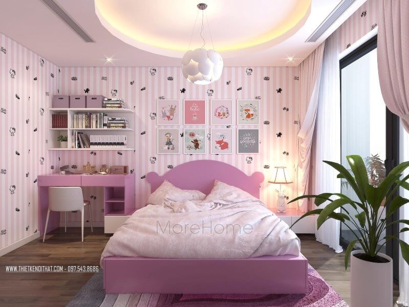 Mẫu giường ngủ gỗ bệt màu hồng nhẹ nhàng là lựa chọn tuyệt vời để trang trí phòng ngủ của bé gái.