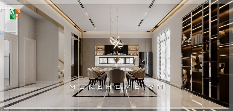 Cách bố trí nội thất phòng ăn liền bếp mang nét ấn tượng bởi sự ngăn nắp và khoa học. Bộ bàn ăn hiện đại được đặt ngay giữa phòng tạo sự thông thoáng và cao cấp.